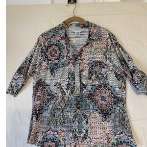 C.D. Petites Top Womens PM Multicolor Geometric 3/4 Sleeve Tunic Shirt Stretch